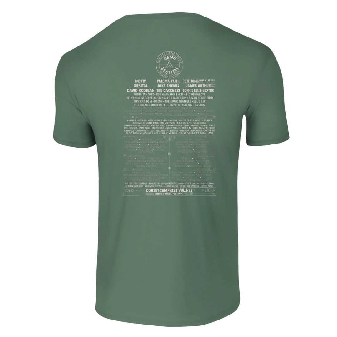 The Camp Bestival 2024 Dorset Event Tee by Camp Bestival is a sage green preshrunk ringspun cotton shirt, shown from the back with a festival logo and lineup printed in white for a soft, durable feel.