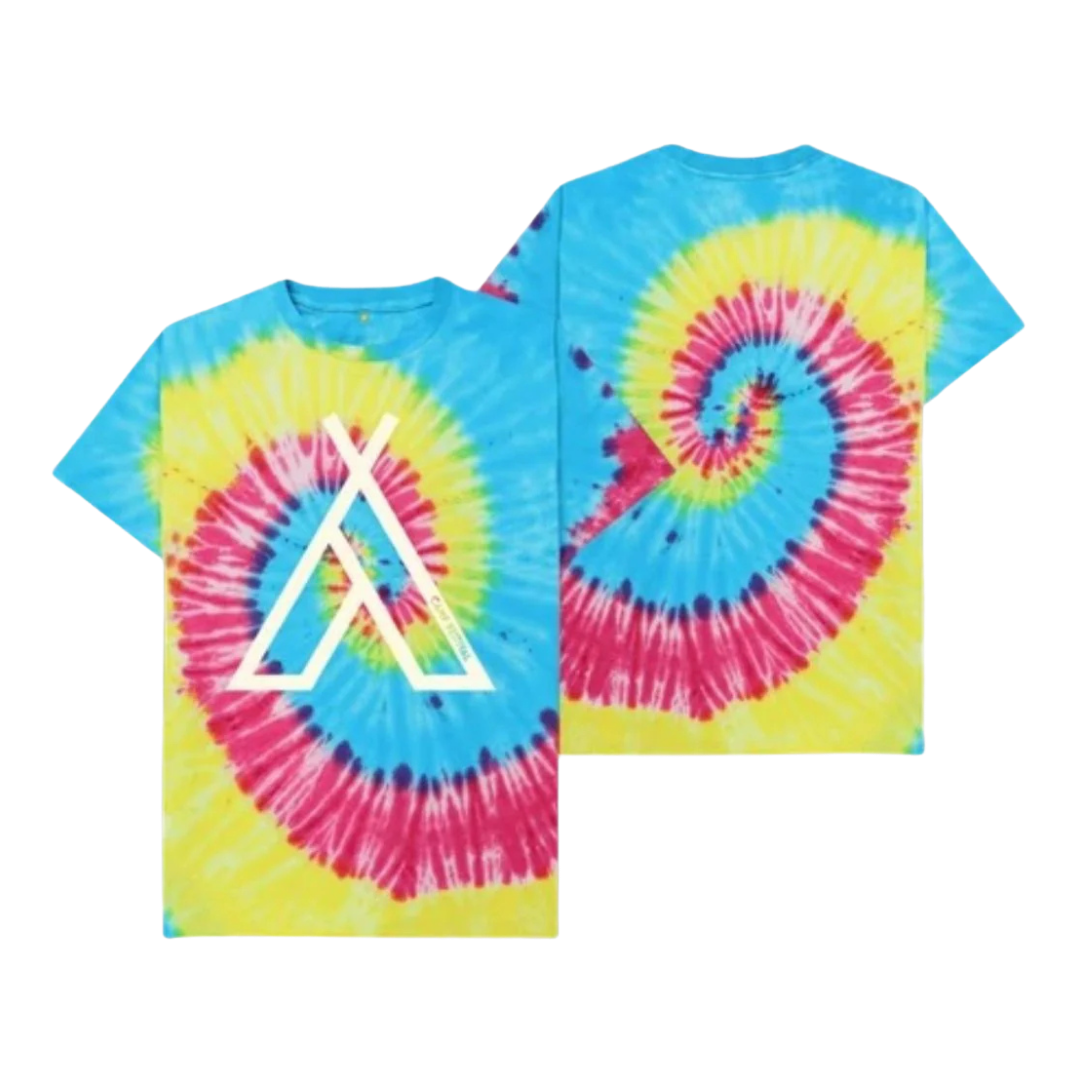 The Camp Bestival Tipi Tie Dye Bright Tee by Camp Bestival features a vivid blue, yellow, and red spiral design with a bold white geometric tipi logo on the front and the colorful spiral pattern solo on the back.