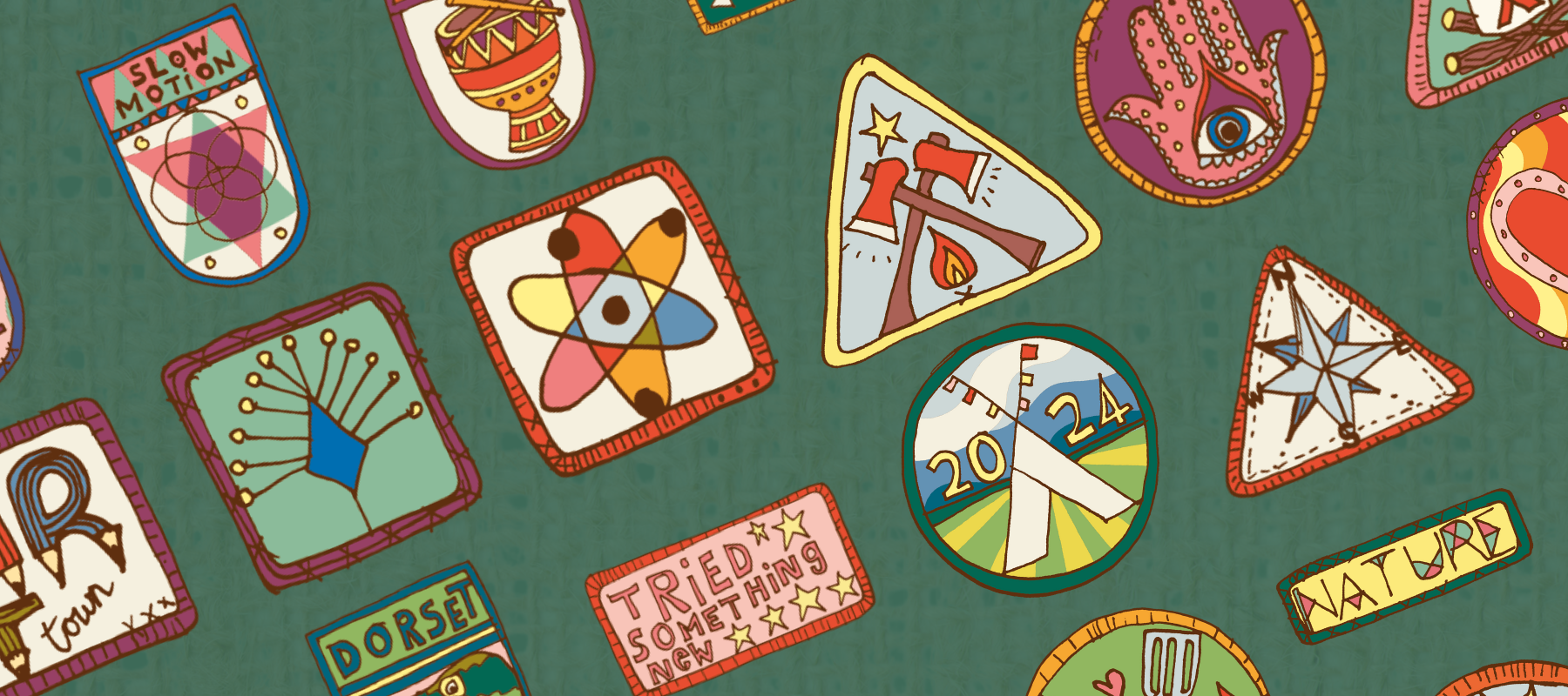 A green background decorated with colorful, hand-drawn embroidered badges featuring various designs, including an atom, a windmill labeled 2024, a compass, an eye, and the words TRIED SOMETHING NEW.