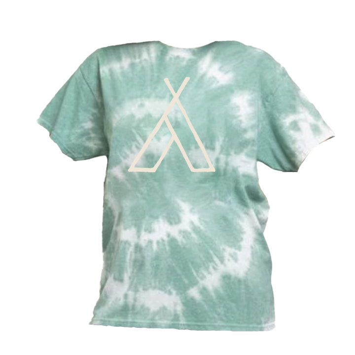 The Camp Bestival 2025 T-Shirt Tie Dye Swirl by 2025 features a green and white tie-dye pattern with a minimalist white geometric tent design on the front.