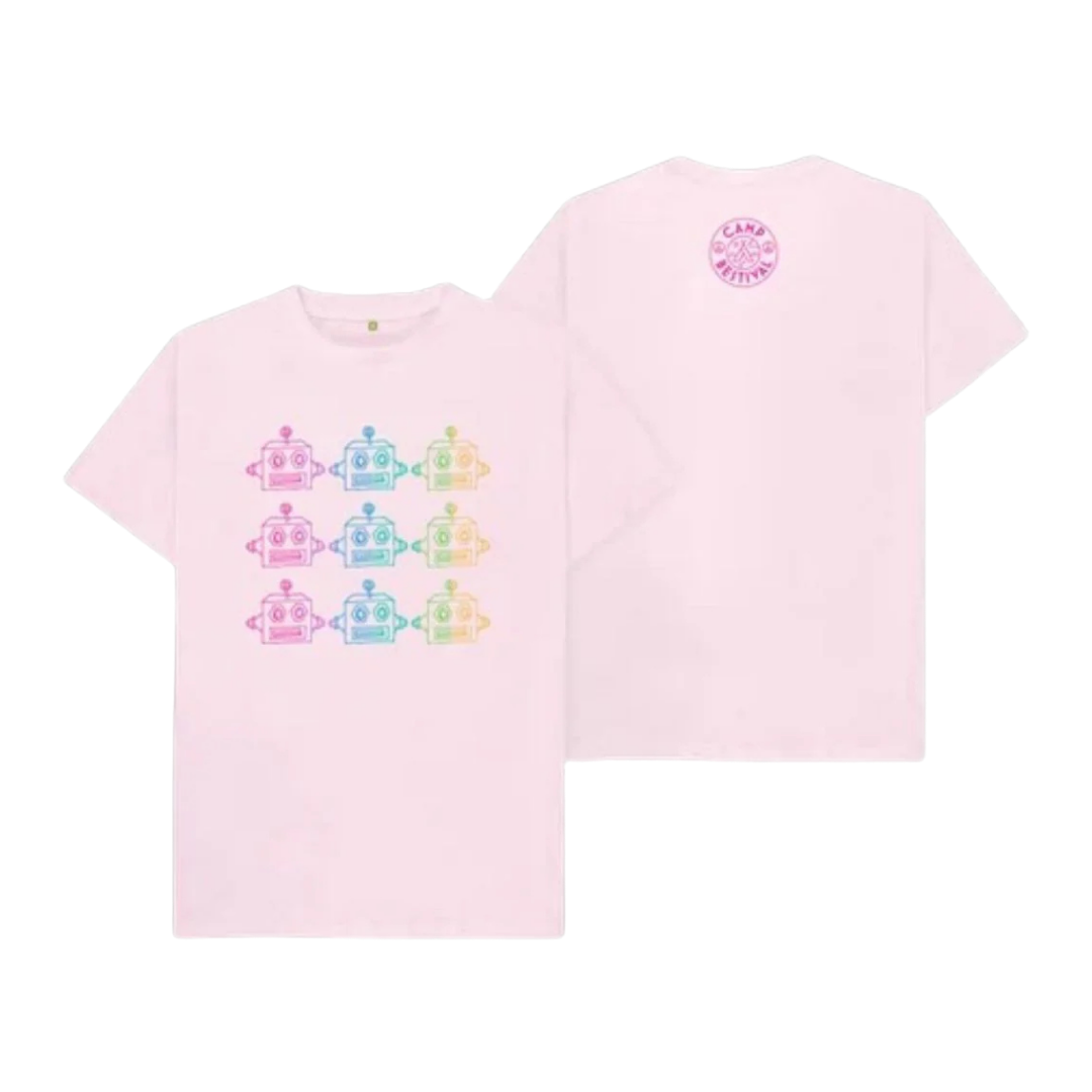 The Camp Bestival Pink Lovebot Tee features a grid of nine colorful robot faces on the front and a subtle round logo near the collar on the back, all in matching pink and white tones.