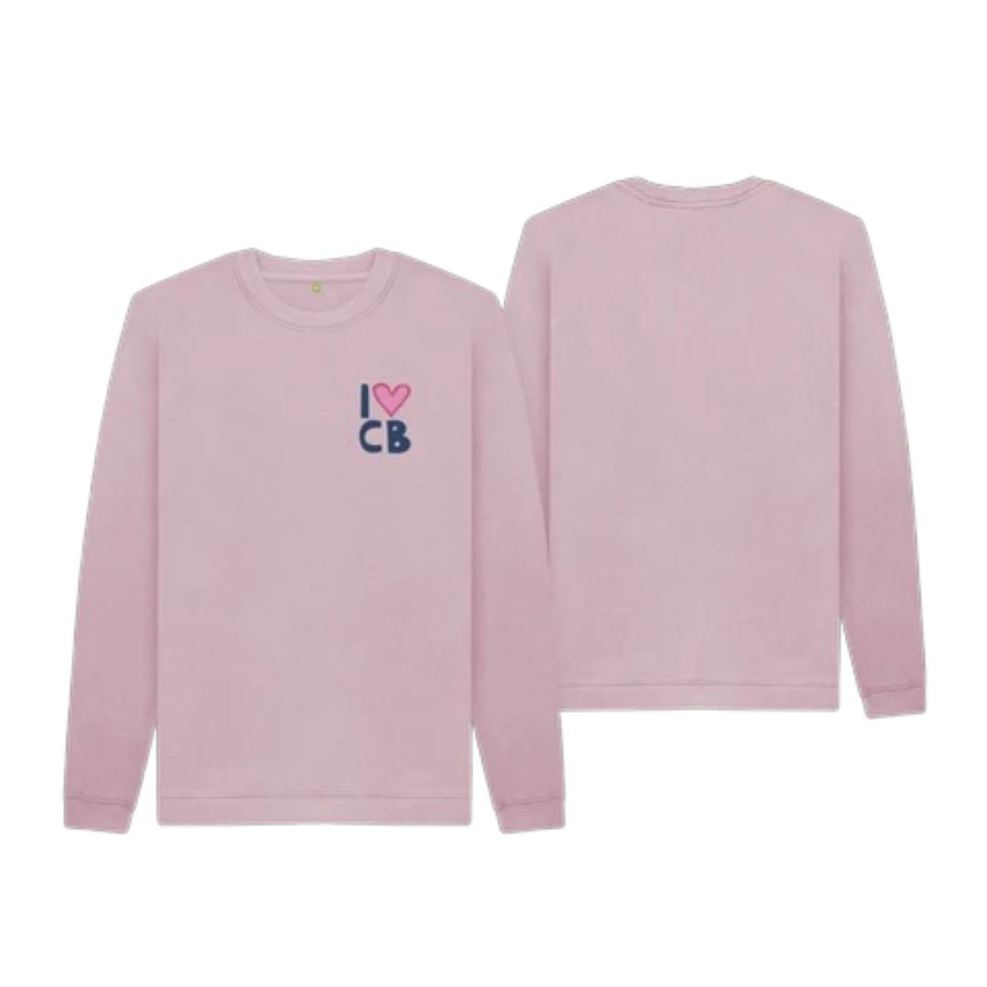 The Mauve I Heart CB Kids Sweatshirt by Camp Bestival is shown front and back. The front has “I ♥ CB” in blue and pink on the left chest; the plain back has no design.