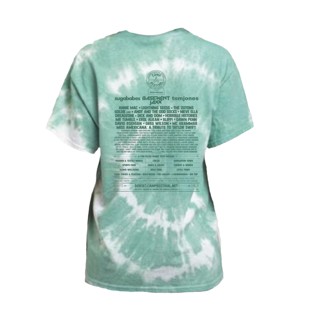 The Camp Bestival 2025 Tee Tie Dye Swirl features a light green and white tie-dye design with the 2025 festival lineup in black text on the back and the festival logo at the top.