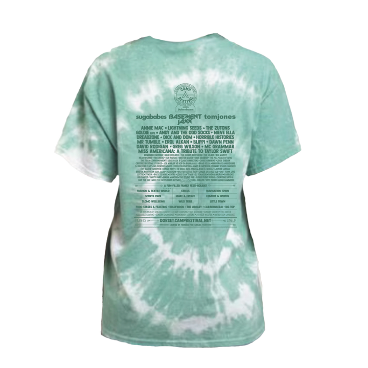 A light green tie-dye swirl t-shirt by 2025 featuring the Camp Bestival 2025 lineup printed on the back in dark text, listing artists like Sugababes, Basement Jaxx, and Tom Jones.