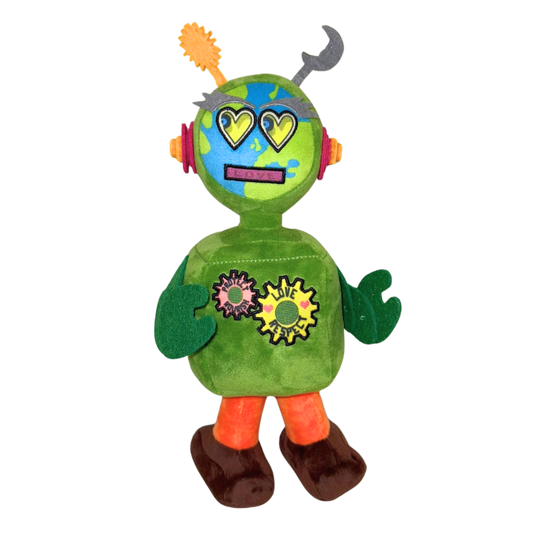 The Camp Bestival Earth-Bot Plush by 2025 features a blue and green face, heart-shaped eyes, gear details on the head and chest, green arms, orange legs, and brown feet.