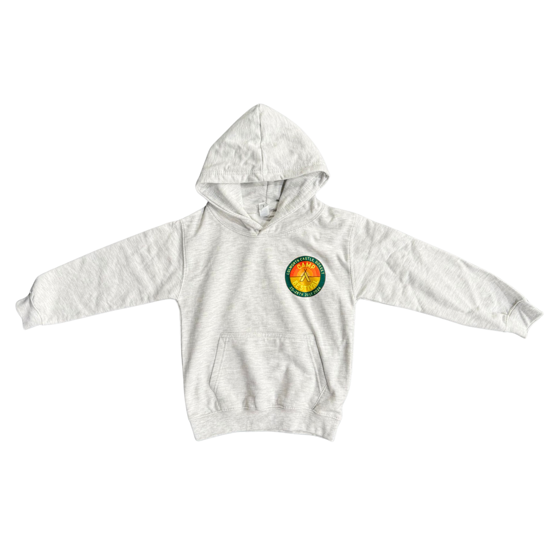 The Camp Bestival 2024 Kids Dorset Hoodie by Camp Bestival is a light gray hooded sweatshirt with a front pocket and a circular, colorful orange and green patch on the left chest.