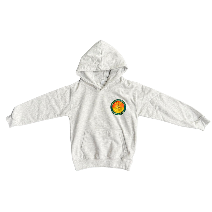 The Camp Bestival 2024 Kids Dorset Hoodie by Camp Bestival is a light gray hooded sweatshirt with a front pocket and a circular, colorful orange and green patch on the left chest.