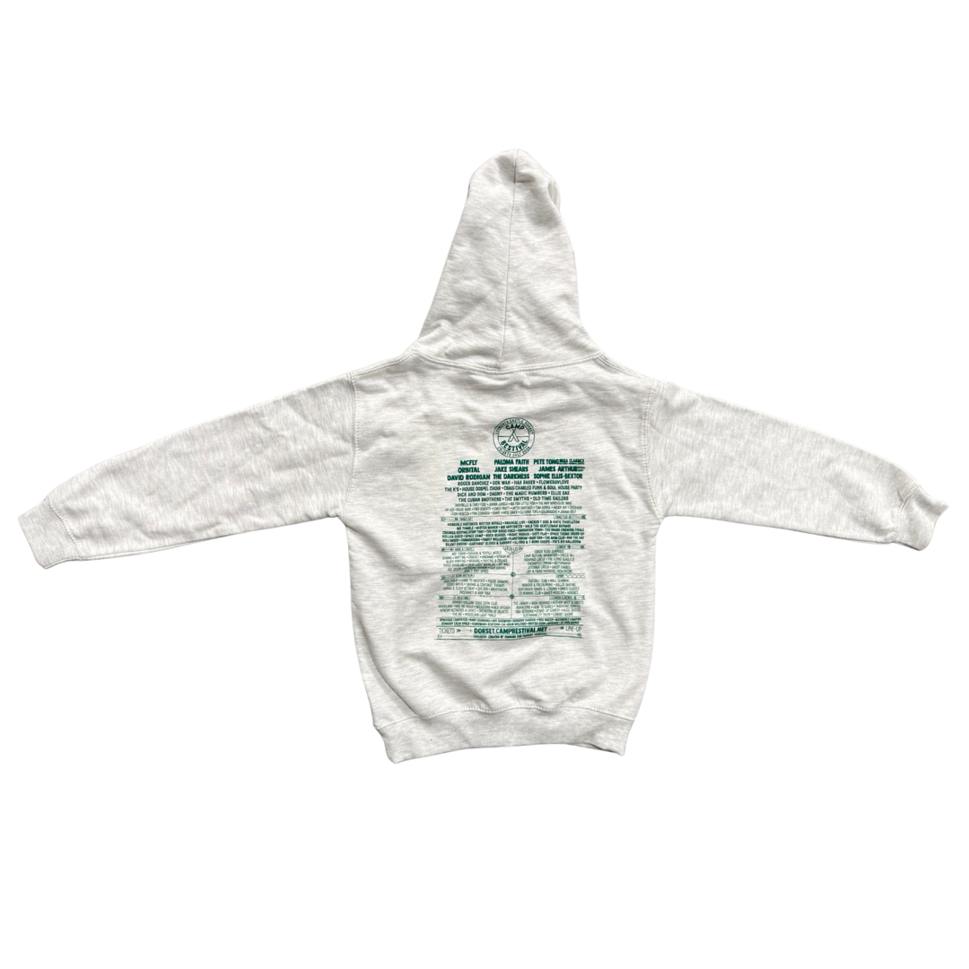 The Camp Bestival 2024 Kids Dorset Hoodie by Camp Bestival is a light gray hooded sweatshirt with green text on the back, shown flat with arms outstretched against a white background.