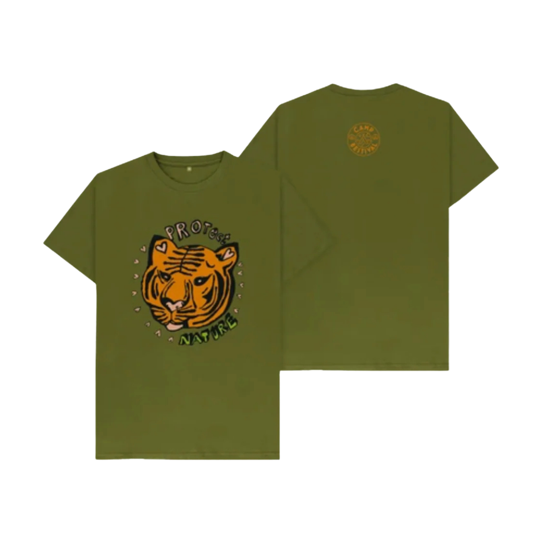 Two olive green Camp Bestival Protect Nature Tees appear: one has a tiger face and “Protect Nature” text on the front, the other features a small circular logo from Camp Bestival on the upper back.