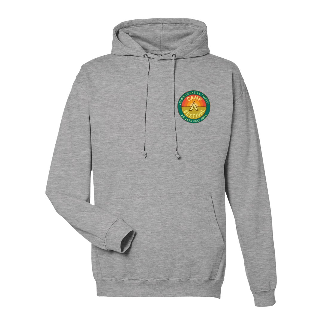 The Camp Bestival 2024 Dorset Event Pullover Hoodie by Camp Bestival is a light gray unisex cotton hoodie with a colorful left-chest patch featuring a yellow tent, green trees, and the words "Camp Adventure Outdoor Club.
