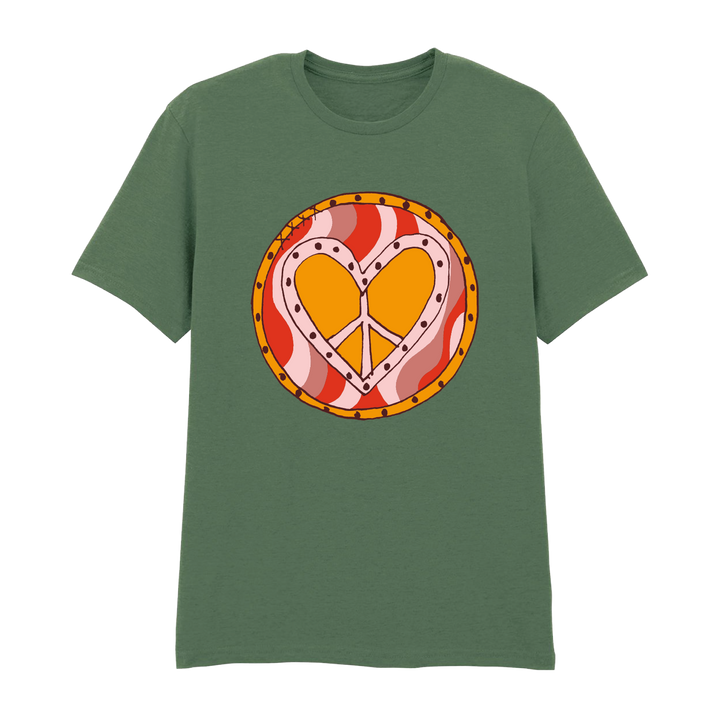 The Camp Bestival T-Shirt Peace/Heart by 2025 features a green base with a circular graphic showcasing a heart-shaped peace symbol, outlined by orange, pink, and red wavy patterns.