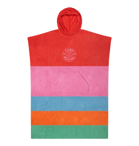 The Camp Bestival Multi-Colour Surf Towel by Camp Bestival is a hooded poncho towel with bold stripes in red, pink, blue, orange, and green, a handy front pocket, and a round Camp Bestival logo on the chest.