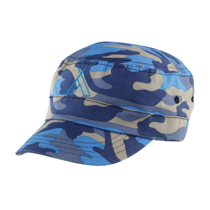The 2025 Camp Bestival Army Cap Blue Camo features a blue and gray camouflage pattern with a small blue logo on the front side panel.