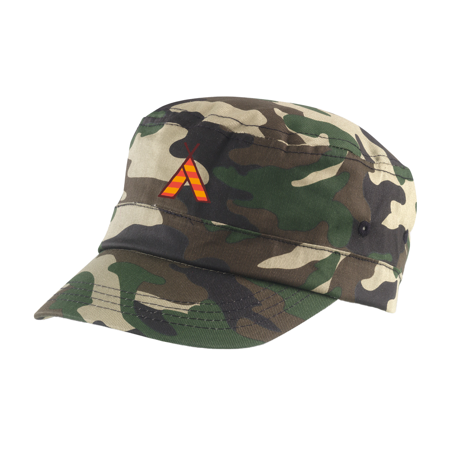 The 2025 Camp Bestival Army Cap Standard Camo Olive features a military-style design with a vibrant, stylized triangle logo in orange, red, and yellow stripes on the left front panel.