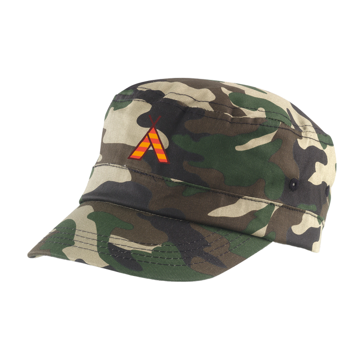 The 2025 Camp Bestival Army Cap Standard Camo Olive features a military-style design with a vibrant, stylized triangle logo in orange, red, and yellow stripes on the left front panel.