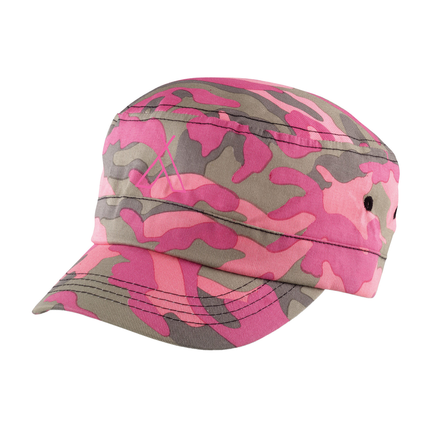 The 2025 Camp Bestival Army Cap Pink Camo features a pink, magenta, and olive green camo design, stitching details, and a small logo on the left side.