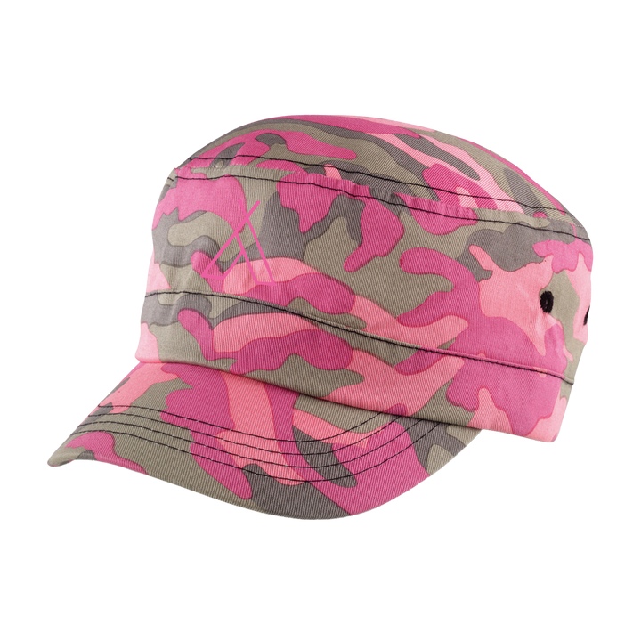The 2025 Camp Bestival Army Cap Pink Camo features a pink, magenta, and olive green camo design, stitching details, and a small logo on the left side.