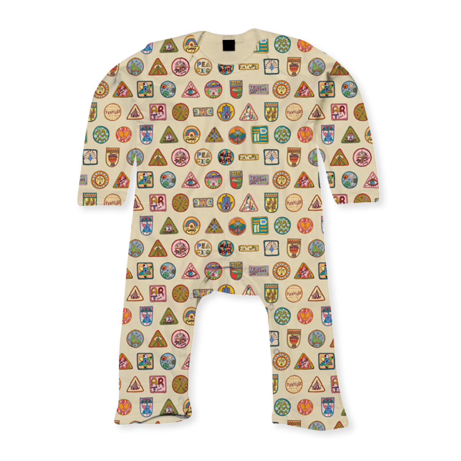 The Camp Bestival Baby Sleep Suit All Over Print by 2025 is a beige suit featuring colorful badges and patches—circles, triangles, and squares—in a grid pattern all over its surface.