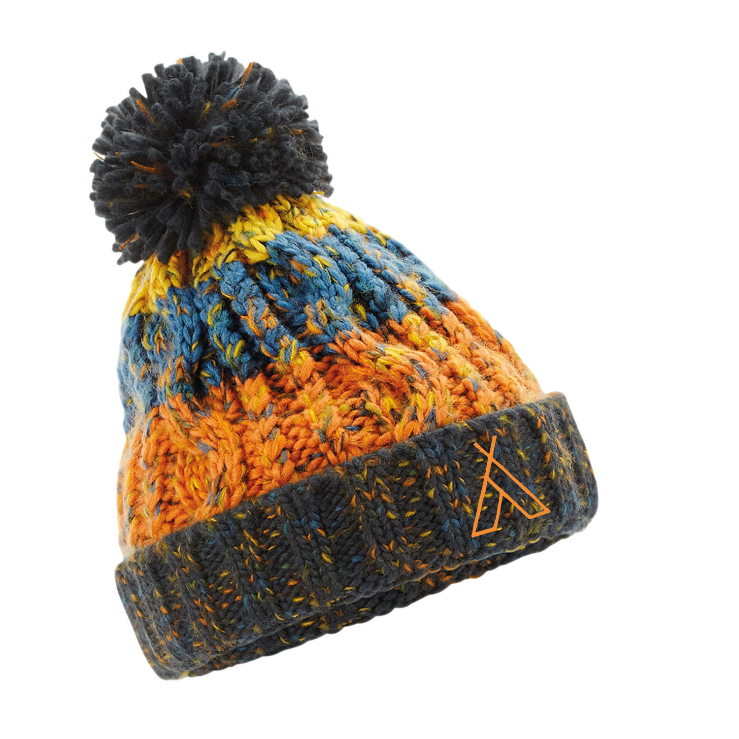 The Camp Bestival Kids Beanie/Bobble Hat by 2025 features a chunky knit in orange, blue, and yellow, a large pom-pom, and a folded dark gray brim with a small logo.