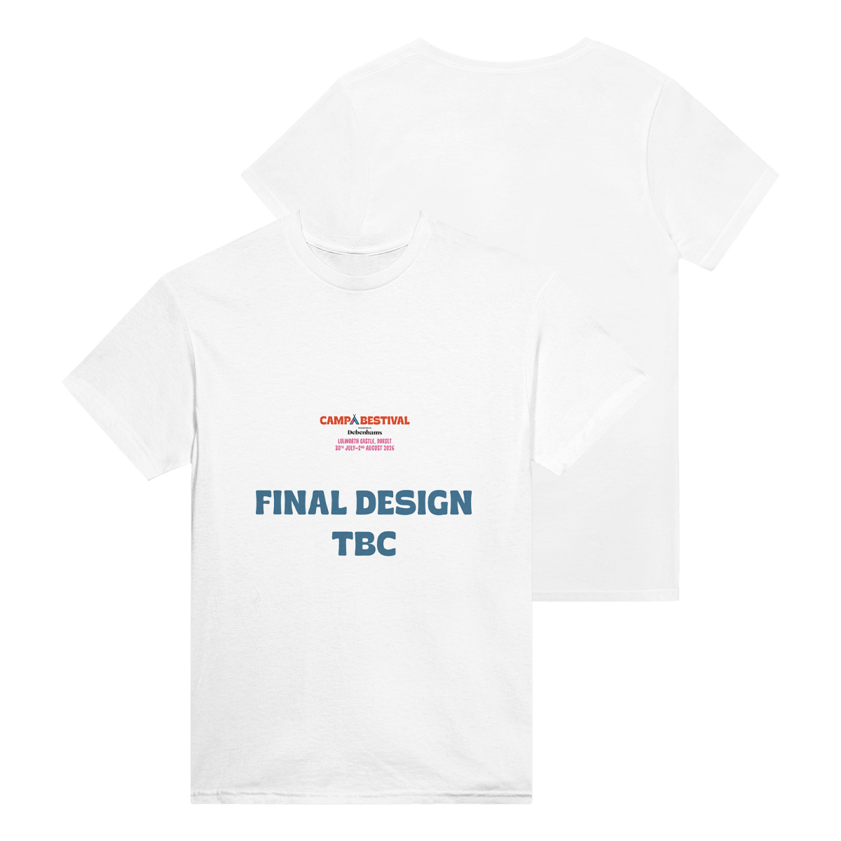 Front and back view of the PRE-ORDER: 2026 Kids Event Logo Line-Up Tee by Camp Bestival. The front features red "CAMPA BESTIVAL" text with small print and large blue "FINAL DESIGN TBC" text below; the back is plain white.