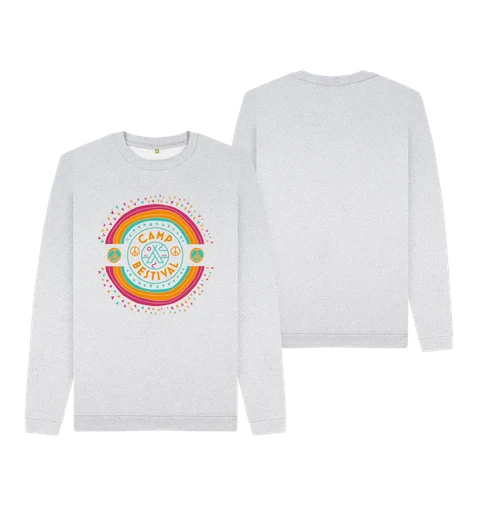 Two views of the light gray Camp Bestival Rainbow Sweatshirt: the front features a vibrant circular graphic with rainbow accents, while the back is plain—ideal for displaying your Camp Bestival spirit in cozy comfort.
