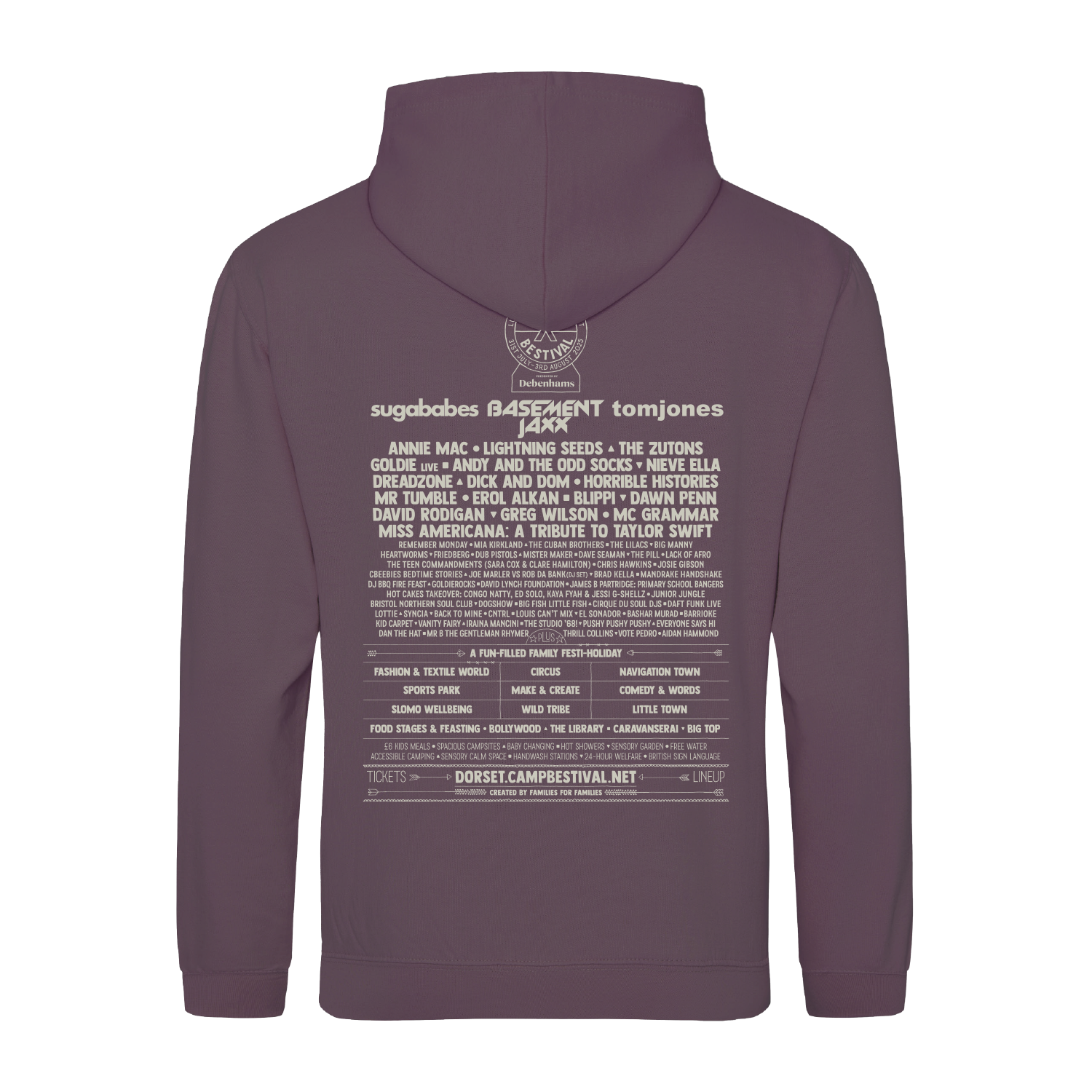 The Camp Bestival 2025 Hoodie Wild Mulberry by 2025 features the festival lineup and event details on the back in white text, listing musical acts over several rows.