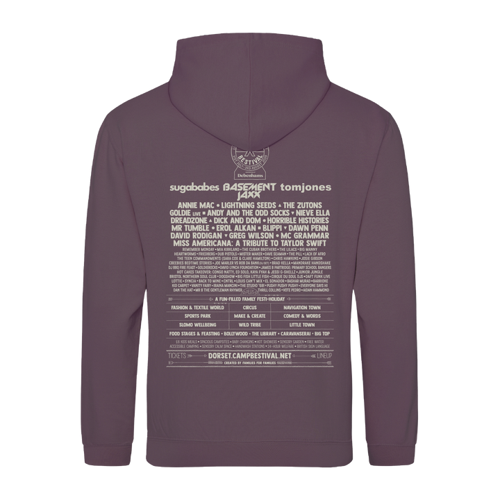 The Camp Bestival 2025 Hoodie Wild Mulberry by 2025 features the festival lineup and event details on the back in white text, listing musical acts over several rows.