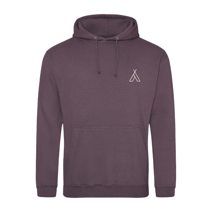 The Camp Bestival 2025 Hoodie Wild Mulberry by 2025 features a plain mauve design with front pocket, drawstring hood, and a small white tent logo on the left chest. Displayed on a white background.