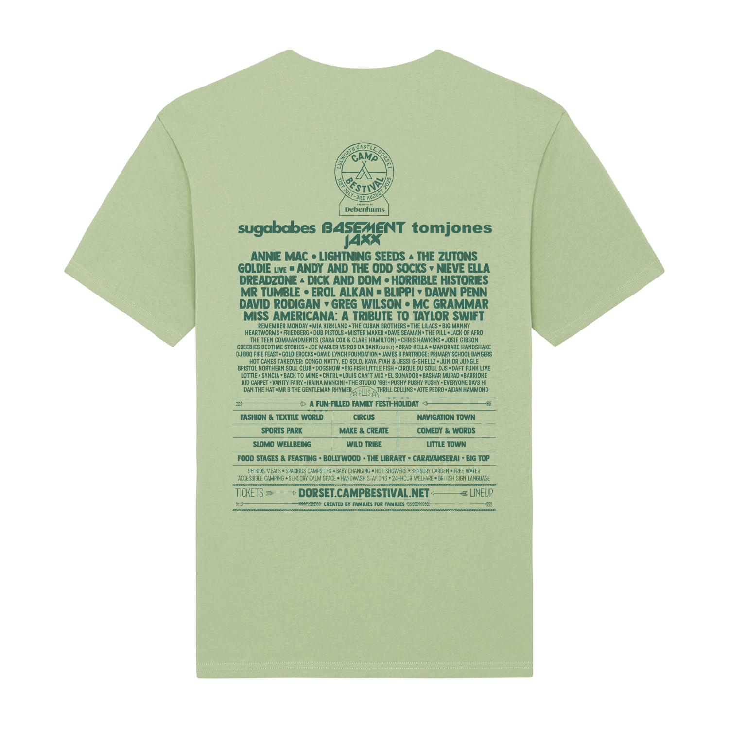 The 2025 Camp Bestival Tee in pistachio green features the Dorset Camp Bestival lineup for 2025 on the back, with artist names, event details, and logos printed in dark green text. Brand: 2025.