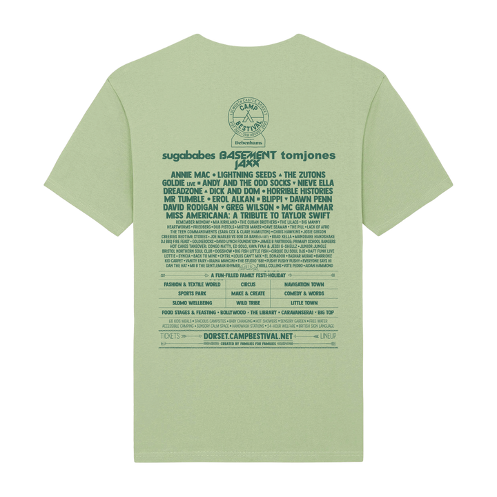 The Camp Bestival 2025 T-Shirt in pistachio green by 2025 features the festival logo on the upper back and a teal blue printed lineup below, styled like a classic concert tee.