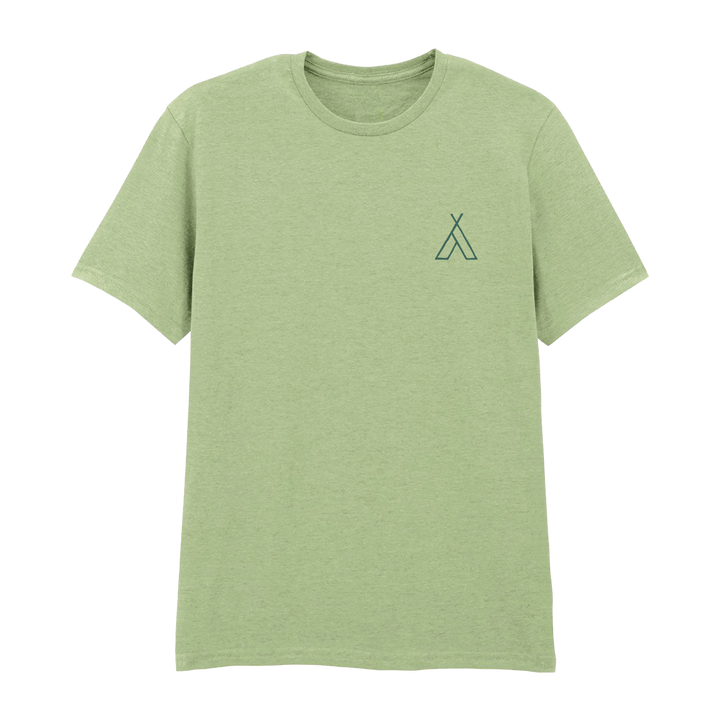 The Camp Bestival 2025 T-Shirt in pistachio green by 2025 features a crew neck, short sleeves, and a small dark green tent logo on the left chest with no other visible designs or text.