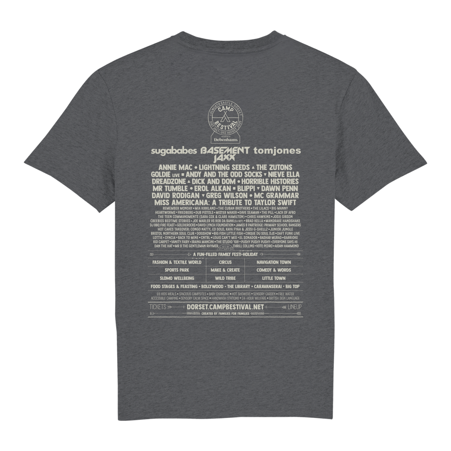 Charcoal Camp Bestival 2025 Tee featuring the festival logo on the front and the 2025 lineup, acts, and event details printed in white text on the back, arranged in various font sizes under the logo.