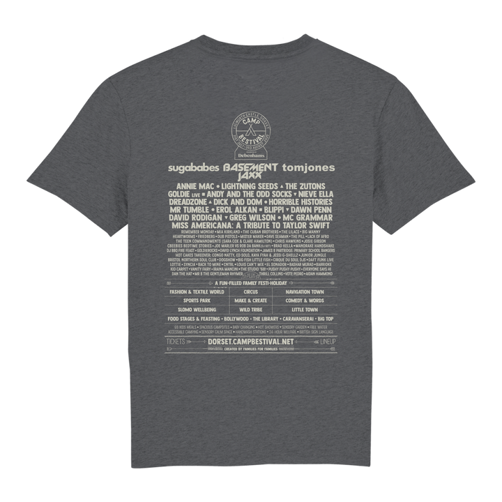 A charcoal Camp Bestival 2025 T-shirt by 2025 features the festival logo on the front and a list of music artists printed in white text on the back.