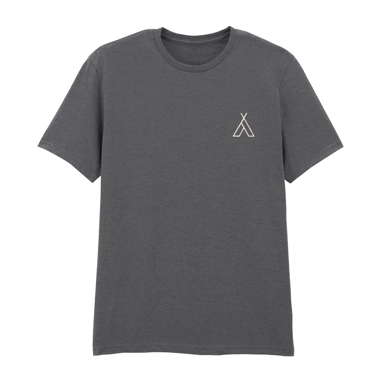 The Camp Bestival 2025 Tee Charcoal by 2025 is a short-sleeved, dark gray t-shirt featuring a small white tent logo on the left chest, displayed flat on a white background.