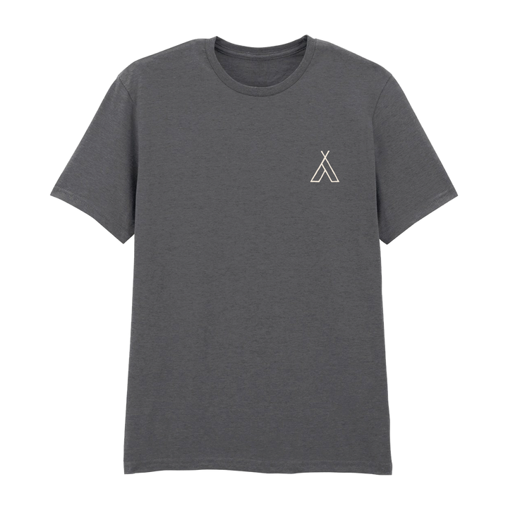 The Camp Bestival 2025 T-Shirt Charcoal by 2025 features a small white tent graphic on the left chest and short sleeves.