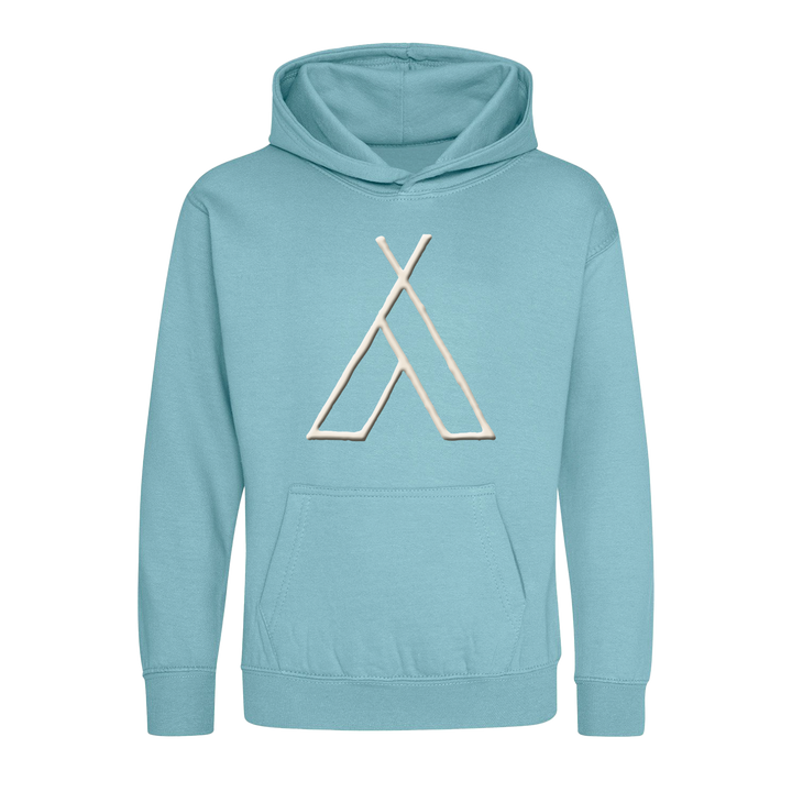 The Camp Bestival 2025 Kids Hoodie Puff Print Blue/Sea Foam by 2025 features a light blue hood, front pocket, and a minimalist geometric design in beige and white lines on the chest.