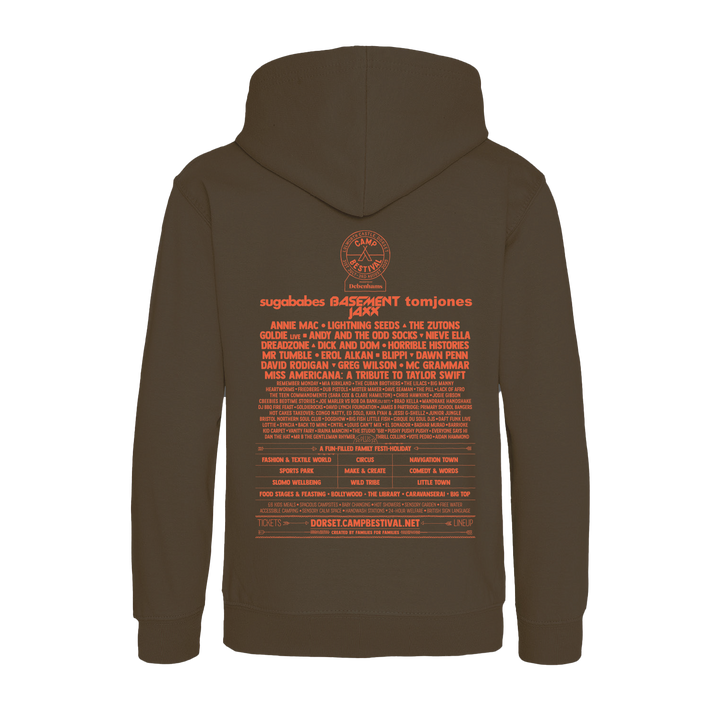 The Camp Bestival 2025 Kids Hoodie in dark olive green features the 2025 festival lineup and details printed on the back in orange text.