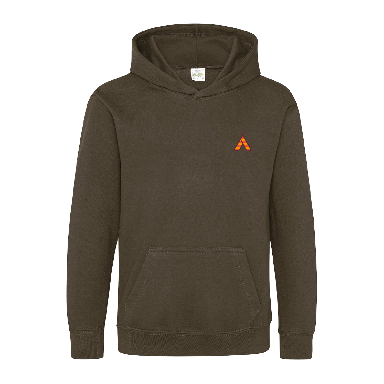 The Camp Bestival 2025 Kids Hoodie by 2025 features a dark olive green color, long sleeves, a hood, front kangaroo pocket, and a small orange geometric logo on the left chest. Displayed against a white background.