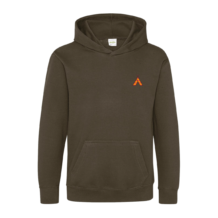 The Camp Bestival 2025 Kids Hoodie by 2025 features a dark olive green color, long sleeves, a hood, front kangaroo pocket, and a small orange geometric logo on the left chest. Displayed against a white background.