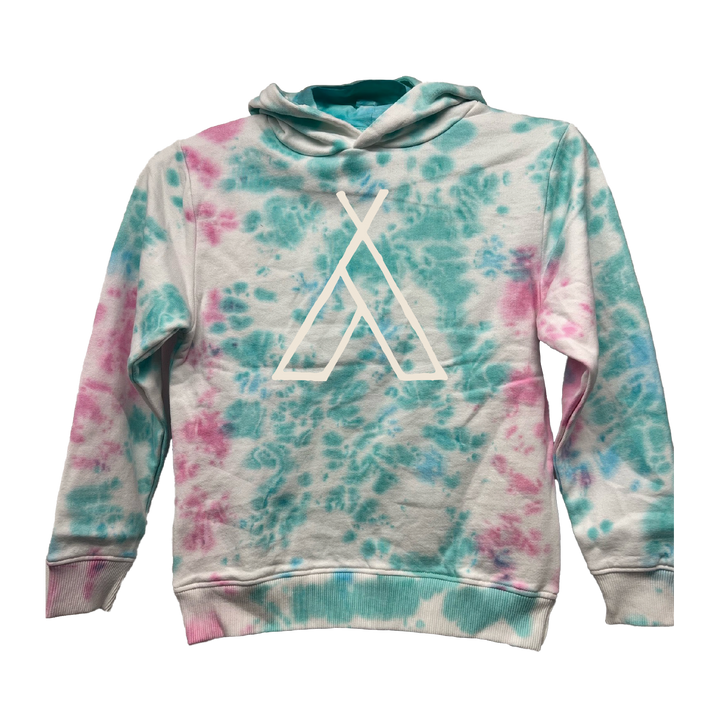 The Camp Bestival 2025 Kids Hoodie by 2025 features blue and pink tie-dye with a minimalist white geometric design of two overlapping triangles on the front.