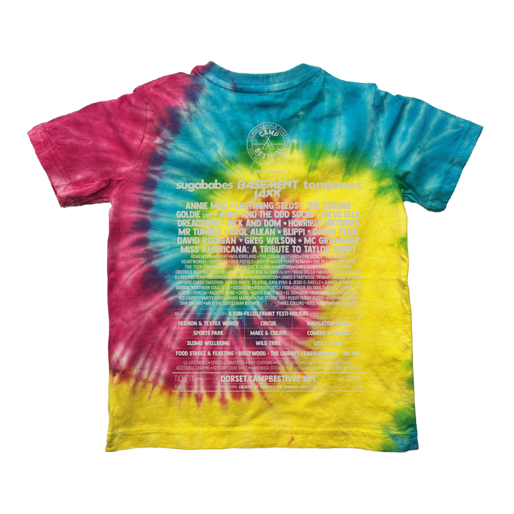 The Camp Bestival 2025 Kids T-Shirt Tie Dye Rainbow by 2025 features vibrant rainbow swirls and a back print listing festival acts and details.