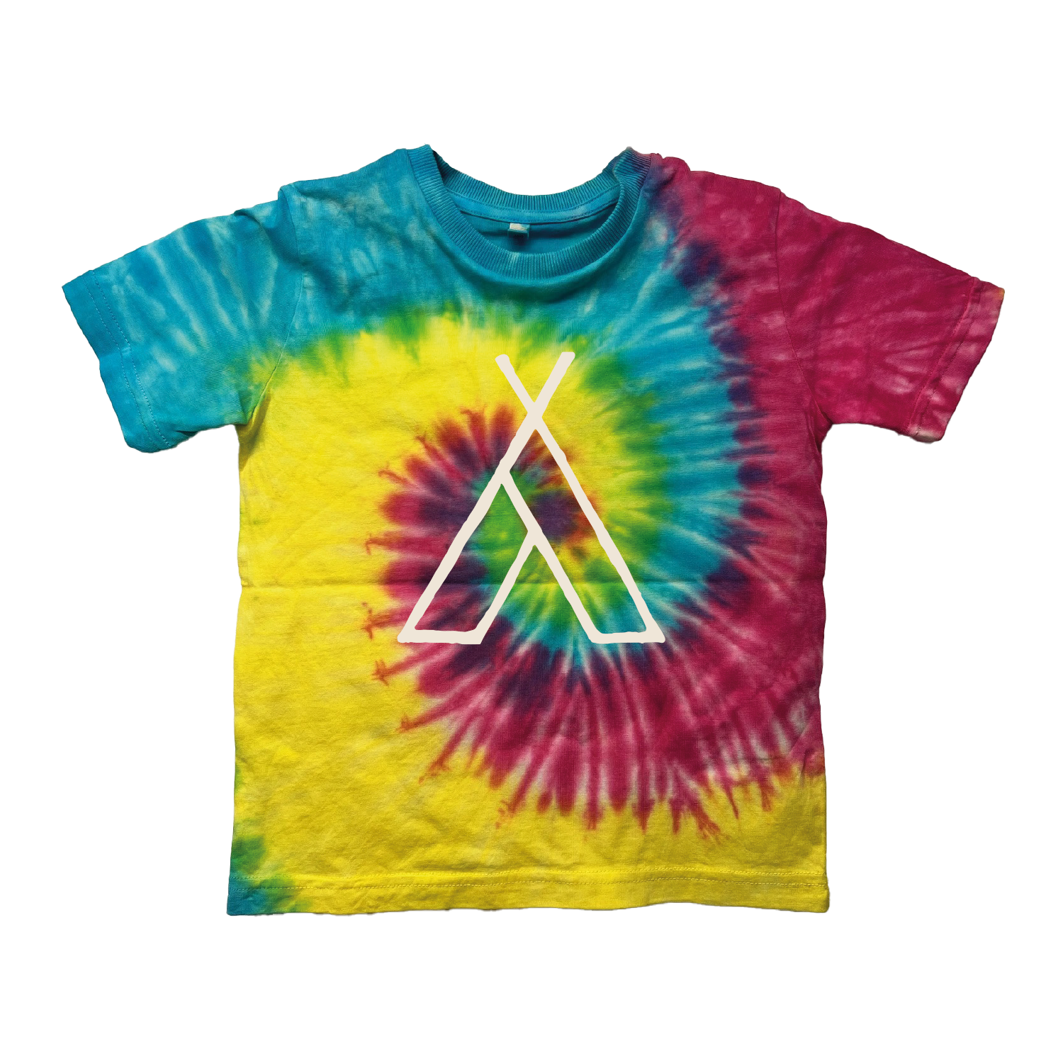 The 2025 Camp Bestival Kids T-Shirt Tie Dye Rainbow features pink, yellow, blue, and green swirls with a white geometric tent design in the center, shown on a plain white background.