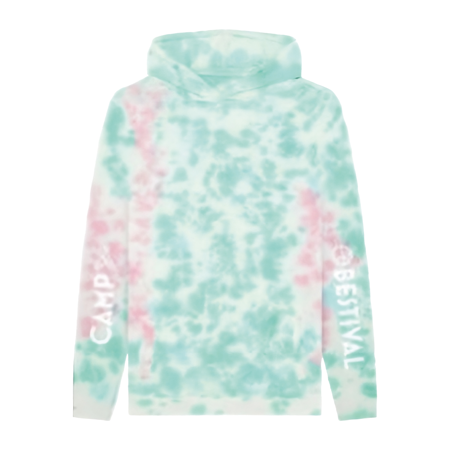 The 2025 Camp Bestival Hoodie features a pastel tie-dye design in light blue, pink, and white, with CAMP on the left sleeve and BESTIVAL on the right in bold white letters.