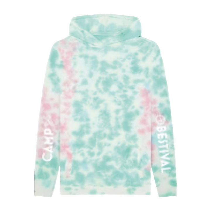 The 2025 Camp Bestival Hoodie features a pastel tie-dye design in light blue, pink, and white, with CAMP on the left sleeve and BESTIVAL on the right in bold white letters.