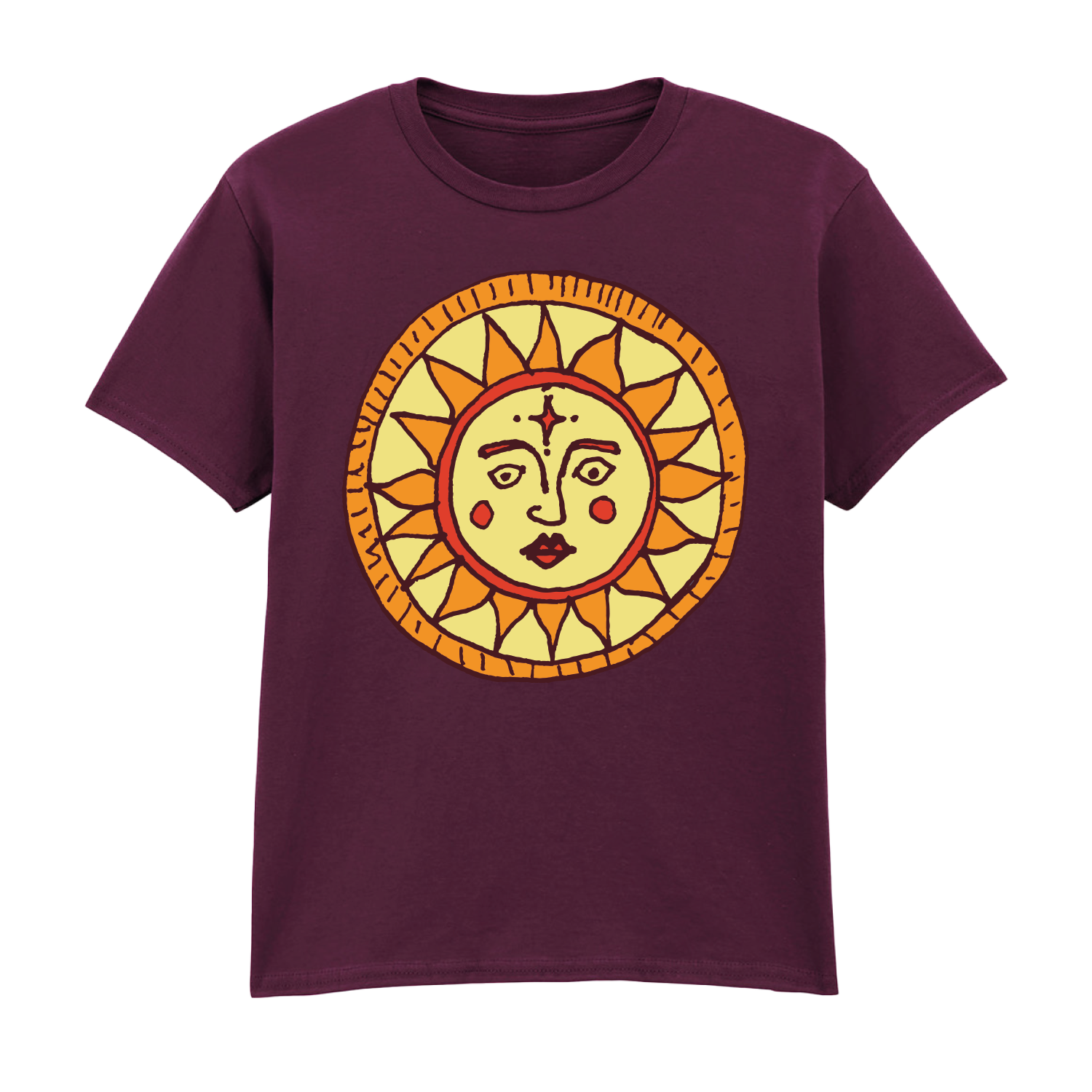 The Camp Bestival Kids T-Shirt Sun by 2025 features a maroon color with a large, stylized yellow and orange sun with a human face, red cheeks, and geometric rays centered on the chest.