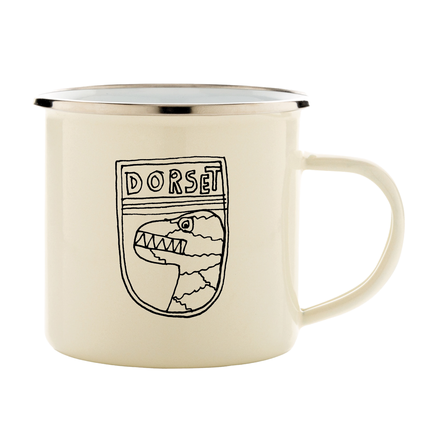 The Camp Bestival Kids Mug White by 2025 is a cream enamel mug with a silver rim, showcasing a line drawing of a dinosaur head inside a shield and DORSET above the illustration.