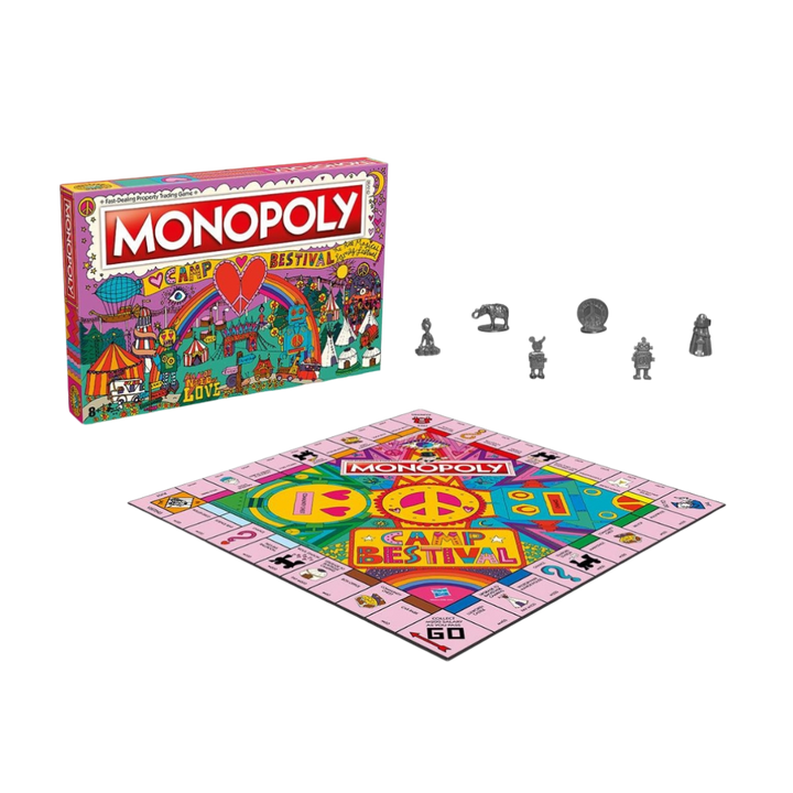 Camp Bestival Monopoly by Camp Bestival is a limited-edition board game with a vibrant box, unique metal tokens, and a festival-themed board adorned with peace symbols.