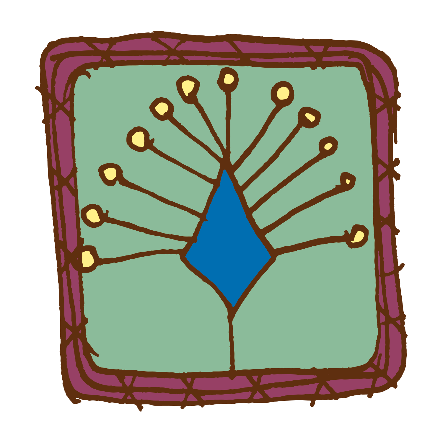 PATCH 17 (Blue With Yellow Stick/Peacock) by Camp Bestival features a stylized blue diamond with brown rays topped with yellow dots on a green background, framed by a purple square—perfect for adding bold geometric flair to any space.