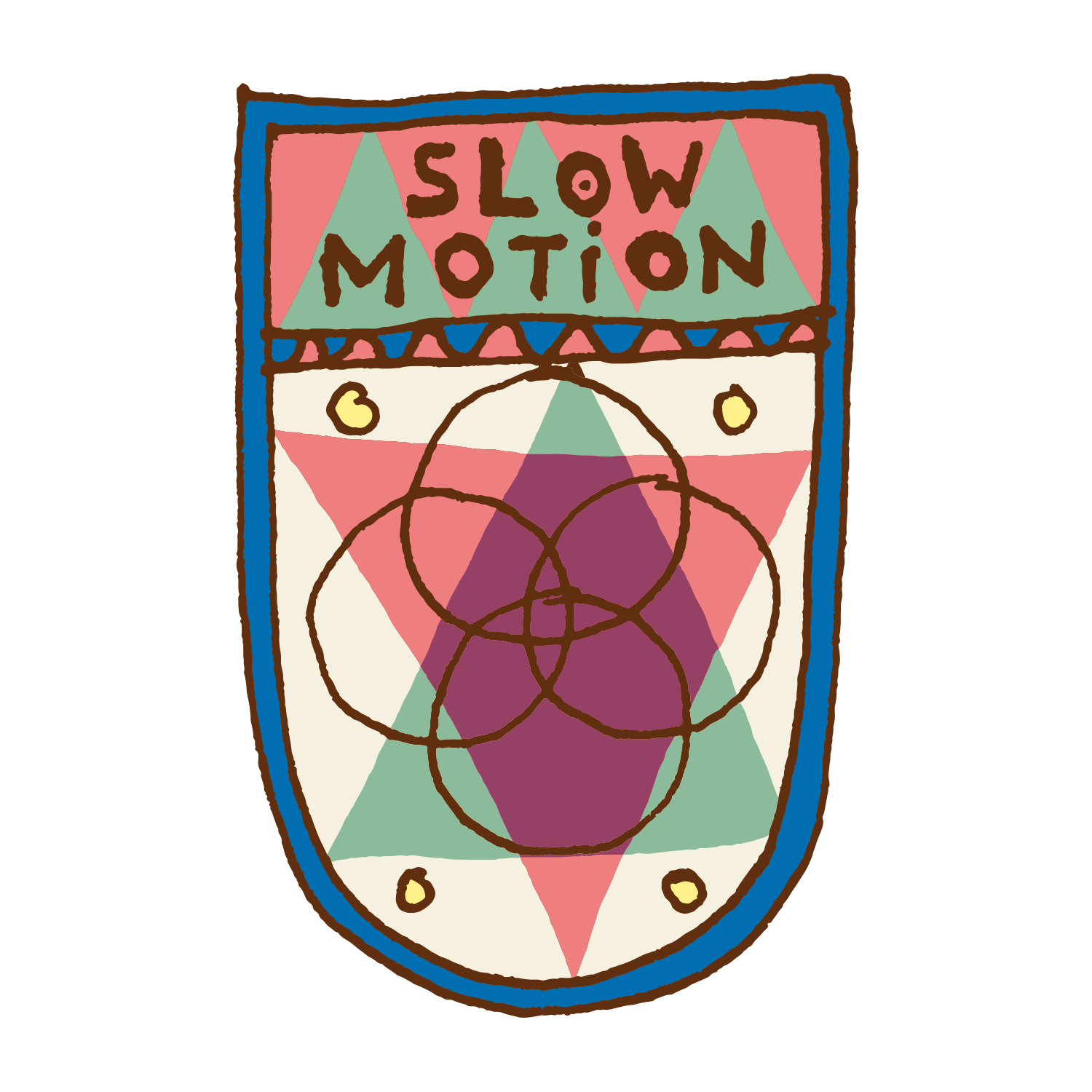 PATCH 11 (Slow Motion) by Camp Bestival is a colorful hand-drawn shield patch with SLOW MOTION at the top, featuring geometric shapes, intersecting circles, triangles, and blue-outlined dots.
