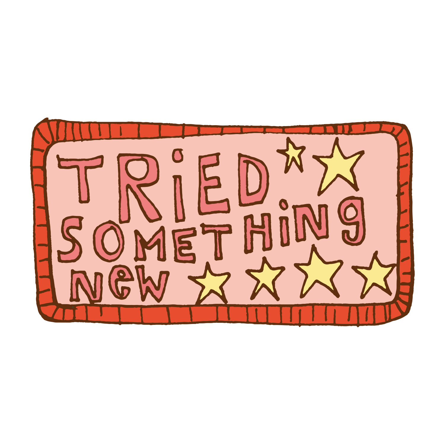 PATCH 1 (Tried Something New) by Camp Bestival is a pink badge with a red border and yellow stars, featuring the words Tried Something New.